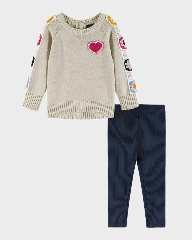 Girl's Sweater W/ Crochet Patches & Jeggings Set, Size Newborn-24